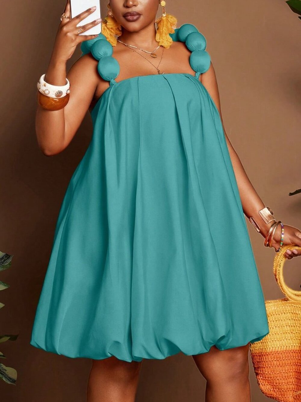 Teal Blue Casual Women's Sexy Floral Puff Strap Loose Peplum Dress